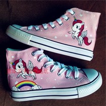  Hand-painted shoes high-top canvas shoes female pink unicorn cartoon illustration student wild graffiti shoes customization