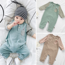 Tike Mock baby jumpsuit spring and autumn newborn male and female baby out cotton striped long sleeve ha clothes climbing suit