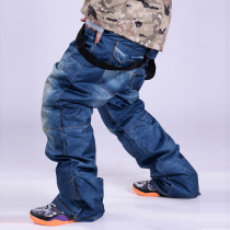 Winter denim ski pants mens and womens double board ski pants windproof Waterproof warm and thick new ski