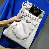 Hong Kong mens jeans slim stretch tide smoke gray high-end luxury mens pants summer casual small foot pants