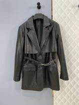 2021 high-end sheepskin slim leather suit womens mid-length leather belt jacket temperament Haining leather windbreaker