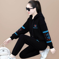 Hooded sweater set women 2021 new autumn winter plus velvet padded fashion loose stitching sports leisure two-piece set