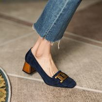 Givenivan retro elegant Van ~ genuine leather metal buckle flow sumono shoes woman dark blue temperament coarse heel 5cm