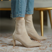 Mostarsea walking fashion sense ~ retro apricot pointed high heel stretch boots thin boots Martin boots