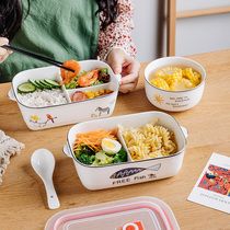  Cartoon black edge ceramic grid lunch box Microwave oven special sealed lunch box with lid office workers with rice preservation bowl
