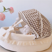 Pet Cradle All Season Dog Kennel Plaid Cat Bed Cute Mesh Red INS Wind Tent Streaming Su Lace Cat Mat 2 noodles