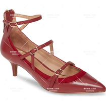 LINEA PAOLO cowhide pointed toe mid heel cat heel shallow mouth cross leather buckle elegant womens single shoes size