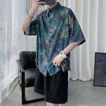 Very fairy Hawaiian vintage flower shirt mens ice silk short sleeve trend ruffian handsome loose beach shirt summer