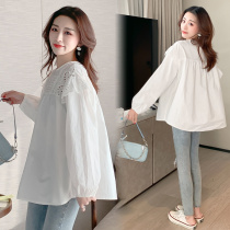 2021 spring maternity dress hollow lace stitching round neck bubble sleeve sweet tide mother top little doll shirt