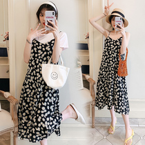 Pregnant womens summer suit fashion new short sleeve T-shirt small Daisy floral sling dress breastfeeding two-piece set