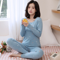 Autumn and winter autumn clothes autumn pants womens thin pure cotton Japanese lace girl round neck long sleeve bottoming thermal underwear two-piece set