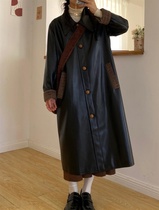 2021 new spring and autumn Japanese retro small color color leather clothing thin temperament long windbreaker coat women