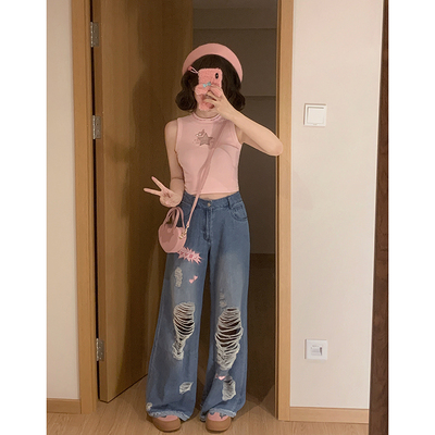 taobao agent Kyouko baby denim wide -leg pants female 2023 autumn new pants pants original embroidery