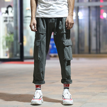 Japanese overalls mens trendy brand loose solid color adjustable loose straight pants trend nine points close Velcro