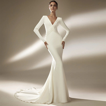 Suzhou wedding dress custom 2021 spring and summer New Long Sleeve V collar slim slim fishtail tail satin satin satin gauze