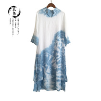 Tie-dyed Zen tea clothing Chinese ethnic style summer Yunnan Dali Bai handmade blue dyed grass and wood dyed Zen dance dress