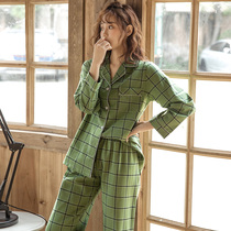 Japanese pajamas women spring and autumn cotton long sleeve woven cotton plaid set gauze cotton can be worn in home clothes