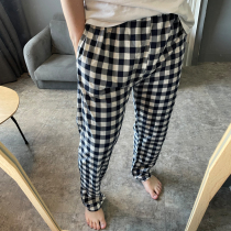Grid Sleeping Pants Mens Pure Cotton Single Piece Spring Fall Thin style Casual Blue Printed Summer Home Pants can be worn out of long pants