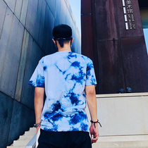New features handmade blue dye T-shirt plants tie-dye Hip Hop Street personality wild wild summer men and women cotton short sleeves