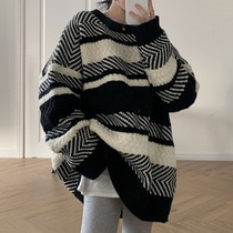 Striped sweater womens autumn and winter loose pullover lazy wind wear slim knitted sweater top chic early autumn coat