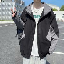 Stitching jacket Mens Port wind ins casual loose large size hooded frock coat Wild ruffian handsome student top clothes