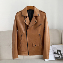 The first layer of cowhide leather clothing mens leather Korean version of the trend fashion slim-fit short brown youth motorcycle leather jacket jacket