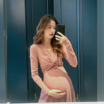 Pregnant women autumn dress fashion French annual meeting red thin autumn long sleeve dress long autumn style