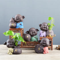 Zisha tea pet Wufu pig Fu Lu Shou Xicai hydroponic ornaments lucky pig living room Bozu decoration crafts