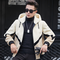 Sheep-cut mens jacket Youth Hooded One Lamb hair short white coat fur slim Korean handsome
