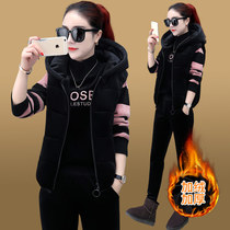 Golden velvet sports suit women autumn and winter 2021 New plus velvet padded casual casual clothes loose foreign air three sets