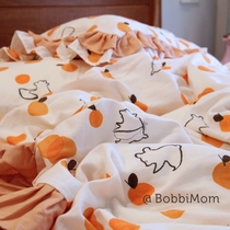 Double gauze custom four-piece ruffle duvet cover pillowcase custom childrens cotton yarn cloth Malay bear love melon
