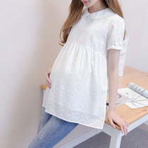 New maternity cotton shirt medium-long doll collar short-sleeved shirt summer maternity top loose white shirt