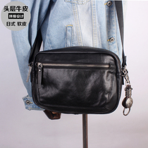 Japanese pure leather shoulder bag mens minimalist satchel bag retro multi-compartment soft leather handmade splicing bag Korean shoulder bag