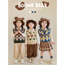 Young Yo-yo Children Spring Retro Ligurge Knit Vest Pass Color Loving Bear V Collar Male And Female Child Card Sweater Waistcoat
