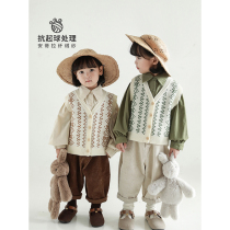 Youyou girls French pointed collar shirt 2021 spring and autumn new retro lingge knitted vest vest contrast color cardigan