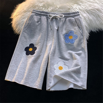 Pure Cotton 50% Pants Woman Loose Straight Drum Fur Embroidered Outside Wearing Dins Tide High Waist Summer Bf Wind Broadleg Sports Shorts