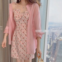 2021 summer new waist thin pink temperament sexy cardigan suspender floral dress two-piece suit