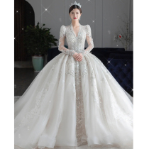 V-collar main wedding dress 2021 new bride temperament long sleeve long tail high end luxury palace wind small man summer
