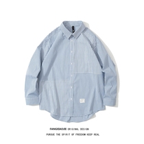 FANGXIAOJIE mens cityboy Japanese loose casual long sleeve plaid shirt striped stitching shirt