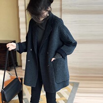 2021 autumn and winter suit double-sided woolen cashmere coat womens long loose small plaid woolen coat