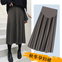 Net red pregnant womens skirt autumn and winter woolen pleated pregnant womens skirt long wear pregnant womens pants Autumn Tide hot mother