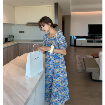 ◆AMUM maternity dress◆Slightly drunk lavender ~ Design sense retro blue bubble sleeve fashion short sleeve summer dress