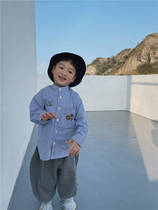 MINIV KIDS Ulu Blue Garden Will ~ Baby Spring Autumn Striped Shirt With Childrens Shirt Pocket Printed Embroidery