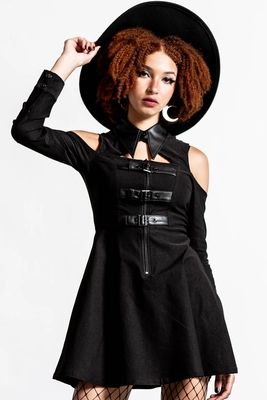 taobao agent Clear price killstar black red grid gothic dark punk stitching exposed long -sleeved long -sleeved lapel dress