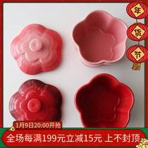 W1962 French New gradient ceramic plum blossom shape pink red lid bowl small baking bowl steamed bowl with lid