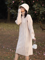 2021 Winter new vintage alpaca high neck twist knit dress long knee thick sweater dress women