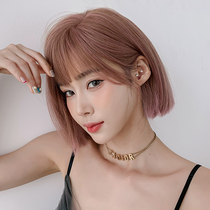 Wig female short hair natural Net red air bangs fluffy wave head pink full head set personality ear short hair