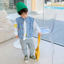 Boy Cowboy Waistcoat Spring Autumn Clothing 2022 New Ocean Gas Vest Tide Children Maclip Baby Outside Wearing Casual Kampon