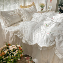 Pleasing) clean and fresh fairy pure white bed skirt with four pieces all cotton pure cotton princess wind lotus leaf side bedside bedding