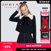 Zhuoya weekend 2022 autumn new contrast color hook flower lapel bow button pocket short jacket EJWCCR17